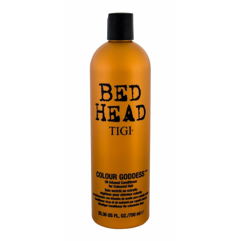 Flacone dorato con tappo nero. Scritte: BED HEAD, TIGI, COLOUR GODDESS. Testo multilingue.