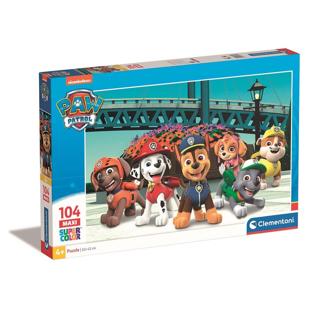 Clementoni Maxi Puzzle Paw Patrol, 104 pezzi. Confezione con motivo Paw Patrol. 62x42cm.