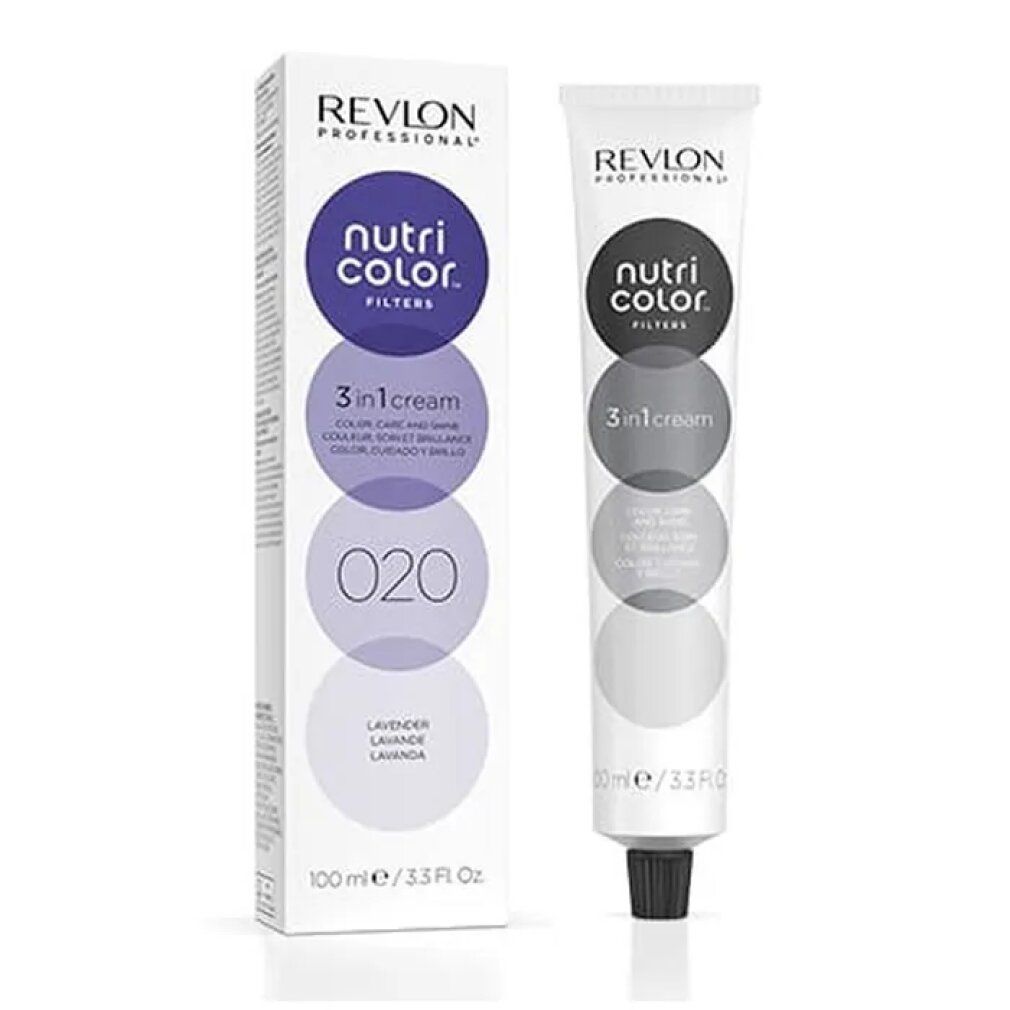 Confezione e tubo Revlon Nutri Color Filters. Confezione: cerchi viola, testo. Tubo: nero, bianco, testo.