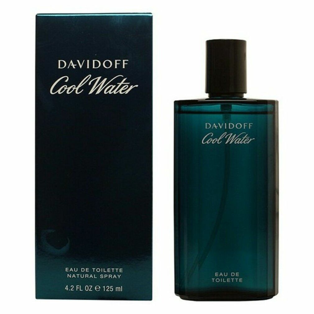 Flacone e confezione Davidoff Cool Water. Flacone blu, tappo nero. Confezione blu scuro. Scritta: Davidoff Cool Water.