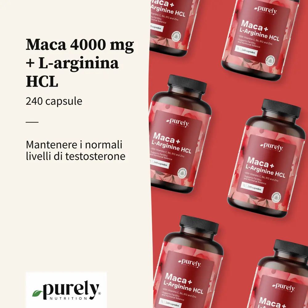 Diverse bottiglie con scritta: Maca 4000 mg + L-Arginina HCl, 240 capsule. Sfondo rosso. Logo: Purely Nutrition.