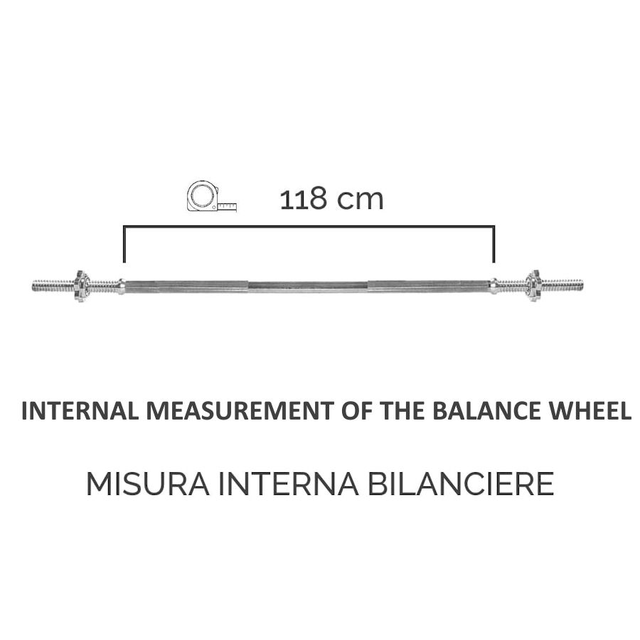 Bilanciere argentato con dadi a stella. La lunghezza del bilanciere è di 118 cm. Testo: « MISURA INTERNA BILANCIERE ».