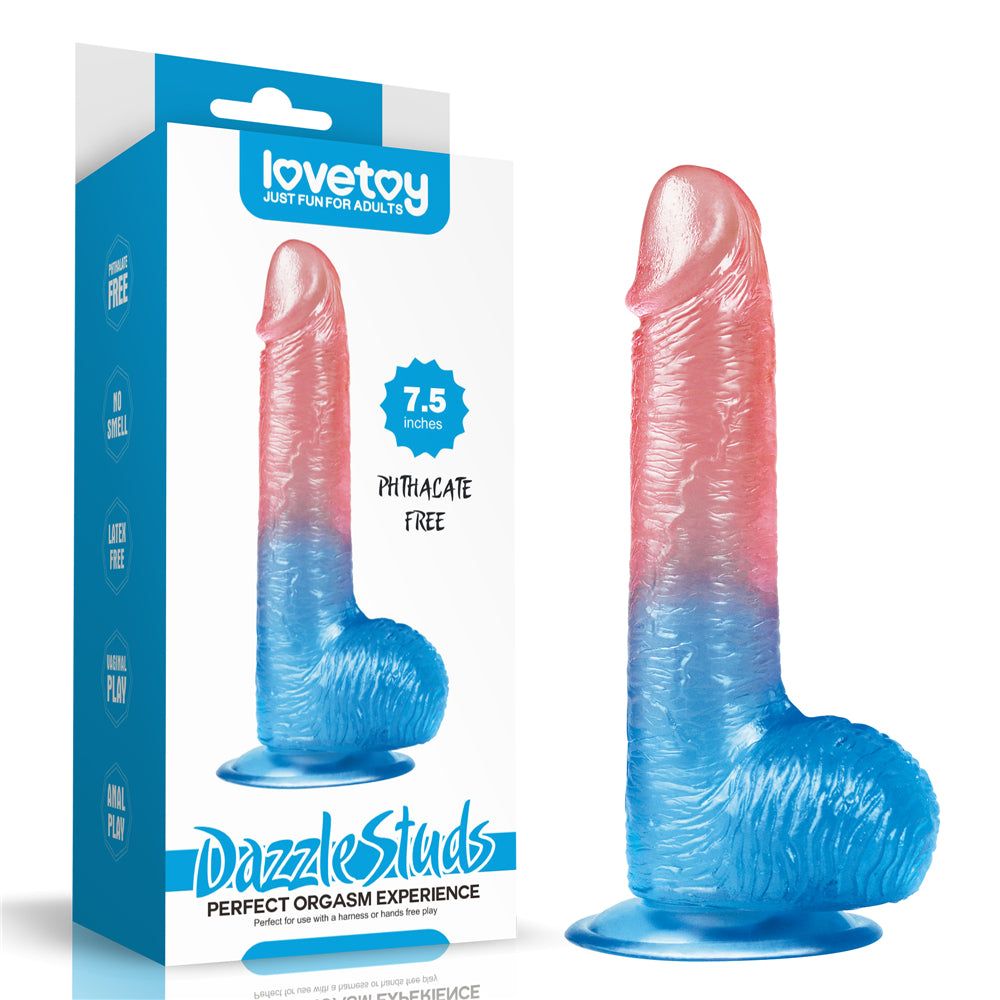Dildo in confezione. Bicolore: rosa/blu. Testo: DazzleStuds. 7.5 inches. Phthalate Free.
