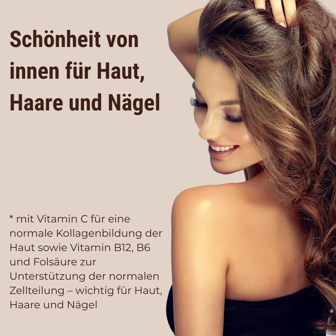 Donna con capelli lunghi. Testo: Bellezza dall'interno per pelle, capelli e unghie. Con vitamina C.