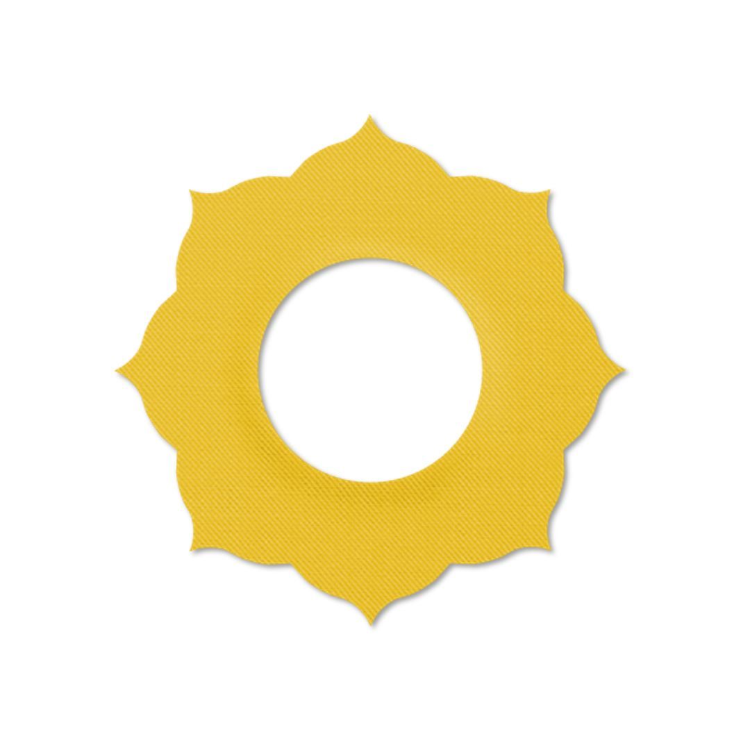 Anello di fissaggio giallo con bordo floreale e foro centrale. Diametro 70mm, foro 28mm. Superficie strutturata.