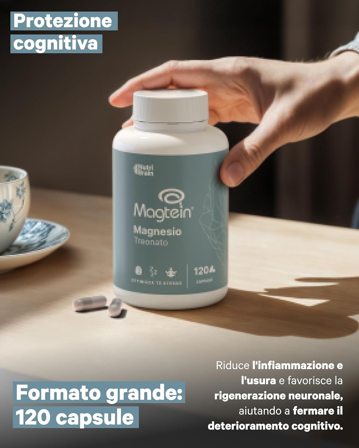 Barattolo Magtein Magnesio Treonato, 120 capsule, con testo su protezione cognitiva e riduzione emicranie.