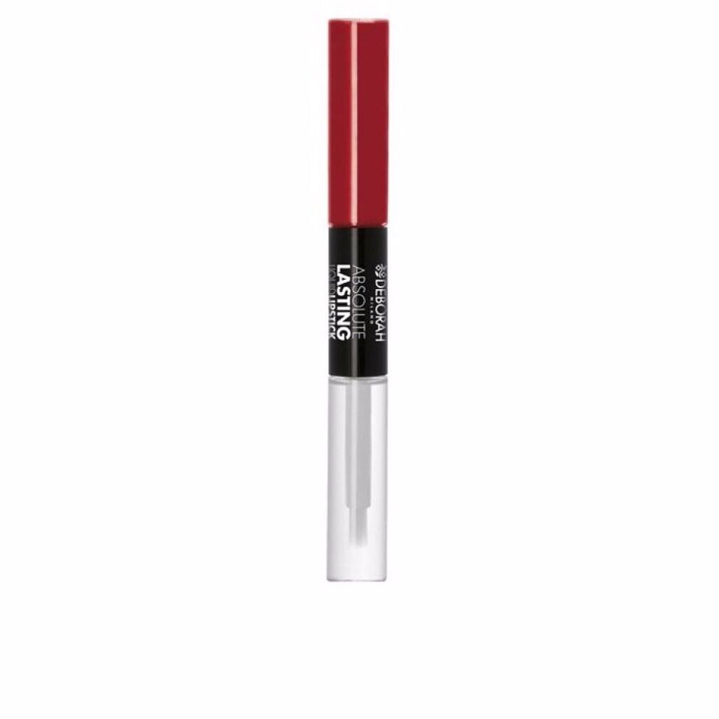 Rossetto doppio. Tappo rosso, parte centrale nera con testo. Contenitore trasparente con applicatore. Nome prodotto: Absolute Lasting.