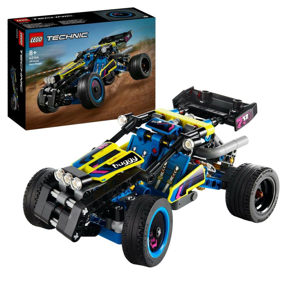 LEGO Technic buggy da corsa e confezione. Blu, giallo e nero. Età 8+. Scritte: LEGO Technic, 42164, Race Buggy.