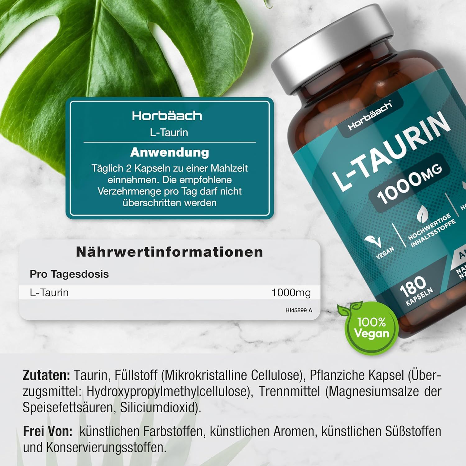Flacone marrone con capsule. Scritta: L-TAURINA 1000mg. 180 capsule. Vegano, ingredienti di qualità, ad alta dose.
