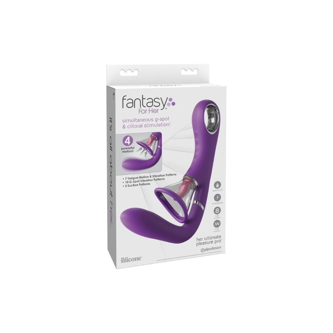 Confezione per vibratore. Marchio: Fantasy For Her. Immagine del prodotto. Testo: 4 motori potenti. Silicone.