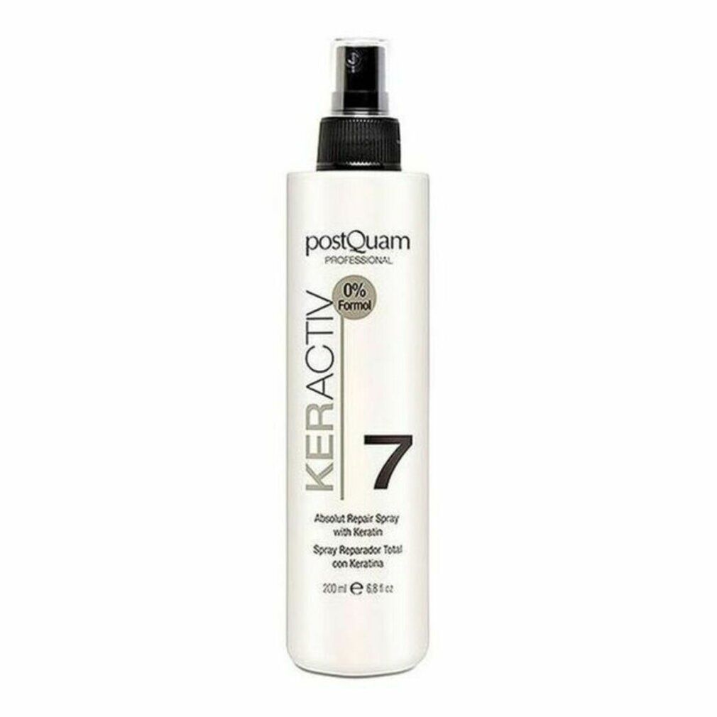 Spray bianco con erogatore nero. Scritta: Postquam, Keractiv 7, Absolut Repair Spray with Keratin. 0% Formol.