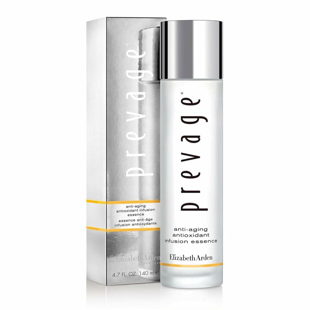 Flacone e confezione Elizabeth Arden Prevage Essence. Testo: Prevage, Anti-età, Antioxidant infusion essence. Volume: 4.7 FL. OZ. / 140 ml.
