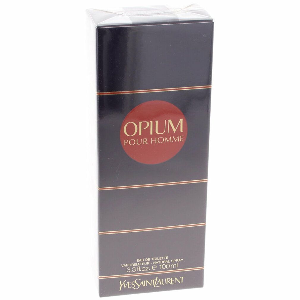 Confezione nera con strisce dorate ed etichetta rotonda "OPIUM POUR HOMME". Sotto, "Yves Saint Laurent".