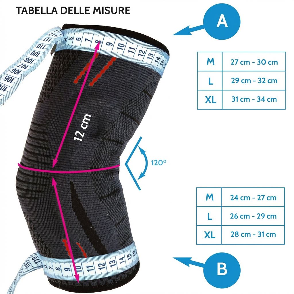Tabella delle taglie per tutore per gomito. Misure in cm. Taglie: M, L, XL. Angolo di 120°. Metro a nastro.