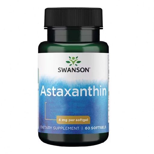 Flacone SWANSON Astaxantina. Etichetta blu con nome del prodotto e 4 mg per softgel. 60 softgel. Tappo e flacone verdi.