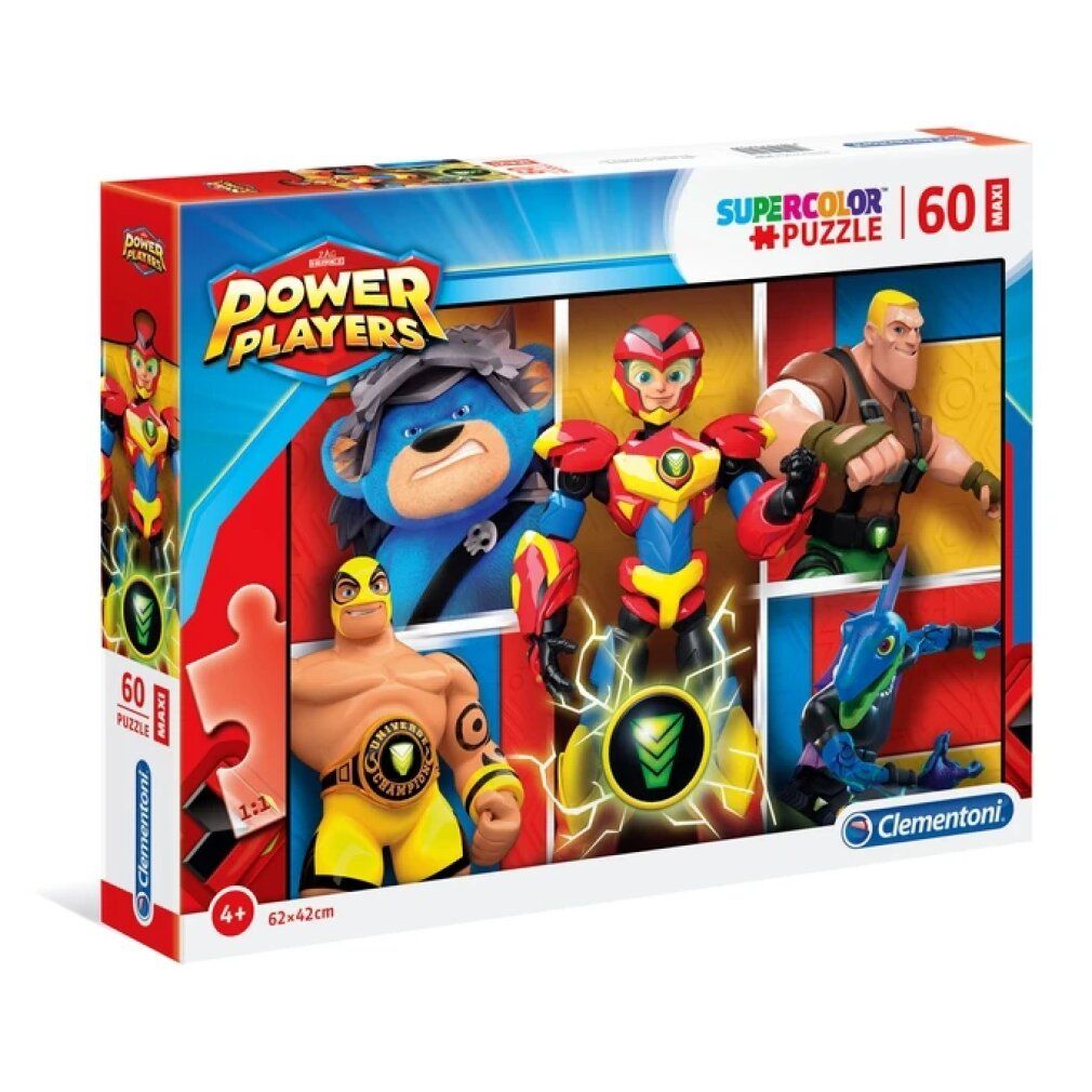 Puzzle Clementoni Power Players maxi 60 pezzi. Scatola con immagine del puzzle con personaggi. 60 pezzi, 62x42 cm. Puzzle Supercolor.