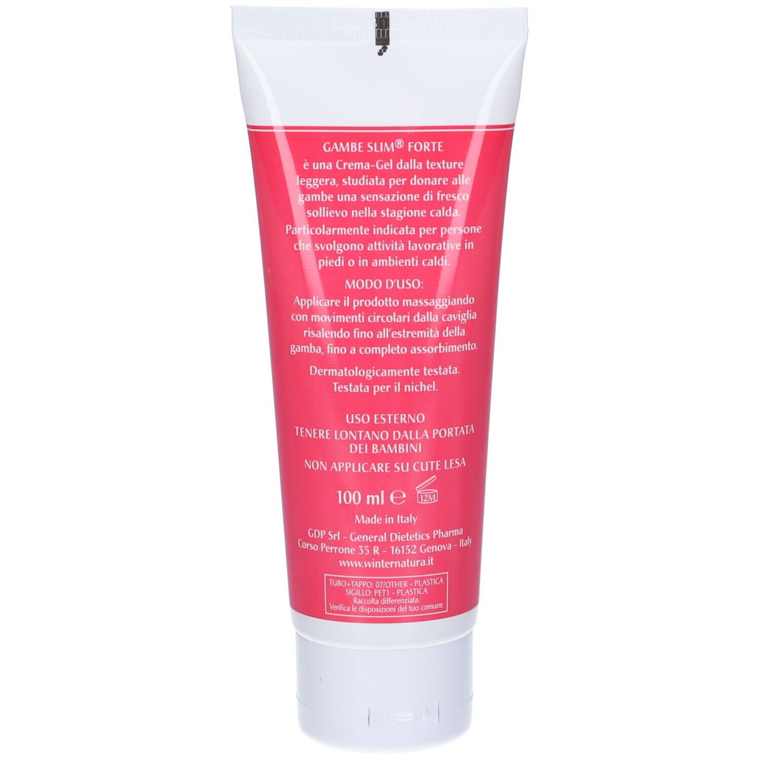 Retro del tubo di crema-gel. Testo in italiano. Contiene informazioni sull'uso e sugli ingredienti. Sfondo bianco.
