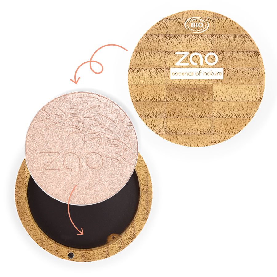 Contenitore rotondo ZAO aperto in legno. Coperchio con logo ZAO e motivo vegetale. Cipria rosa. Certificazione bio.