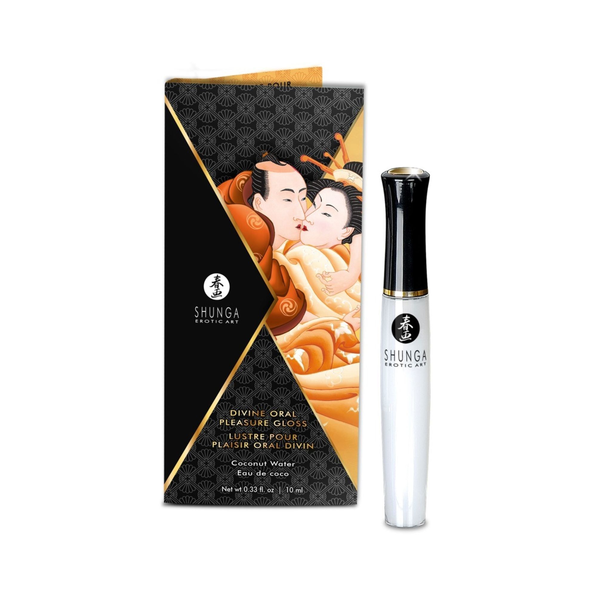 Lucidalabbra bianco e confezione. Confezione con illustrazione e testo. Marchio: Shunga. Nome prodotto: Divine Oral Pleasure Gloss.
