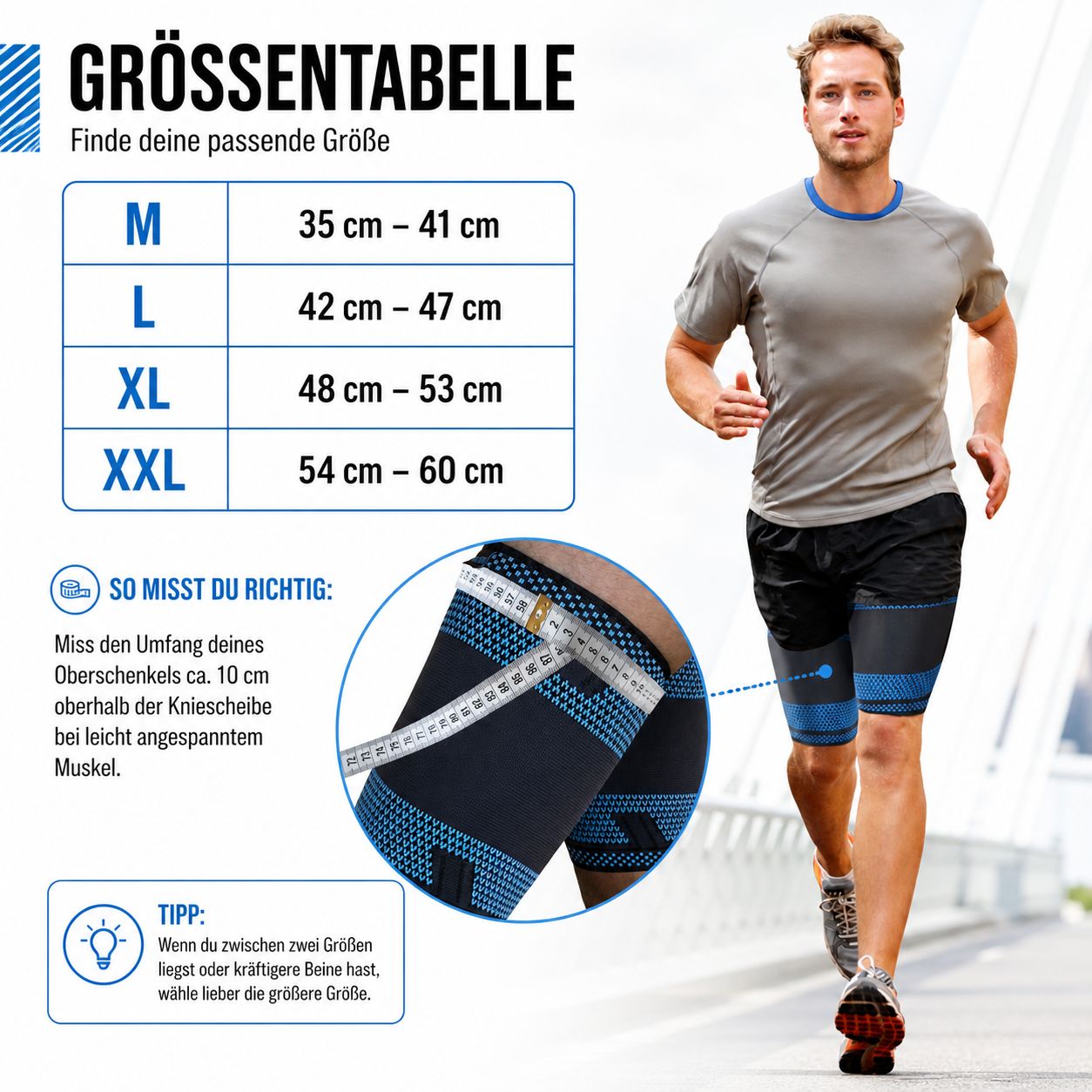 Uomo con bendaggi per cosce, guida alle taglie: M (35-41 cm), L (42-47 cm), XL (48-53 cm), XXL (54-60 cm). Istruzioni di misurazione.