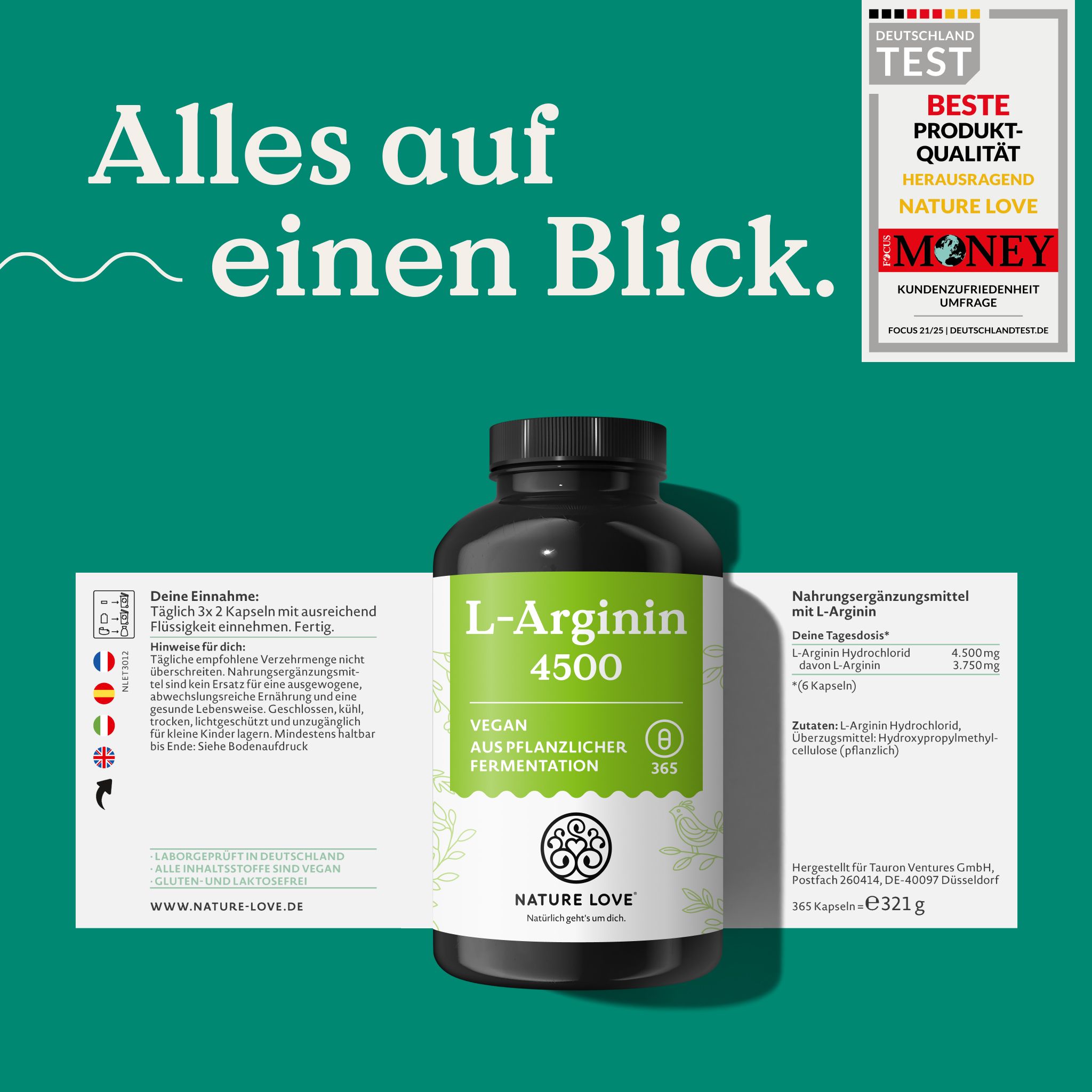 Capsule NATURE LOVE L-Arginina 4500, vegane, da fermentazione vegetale.