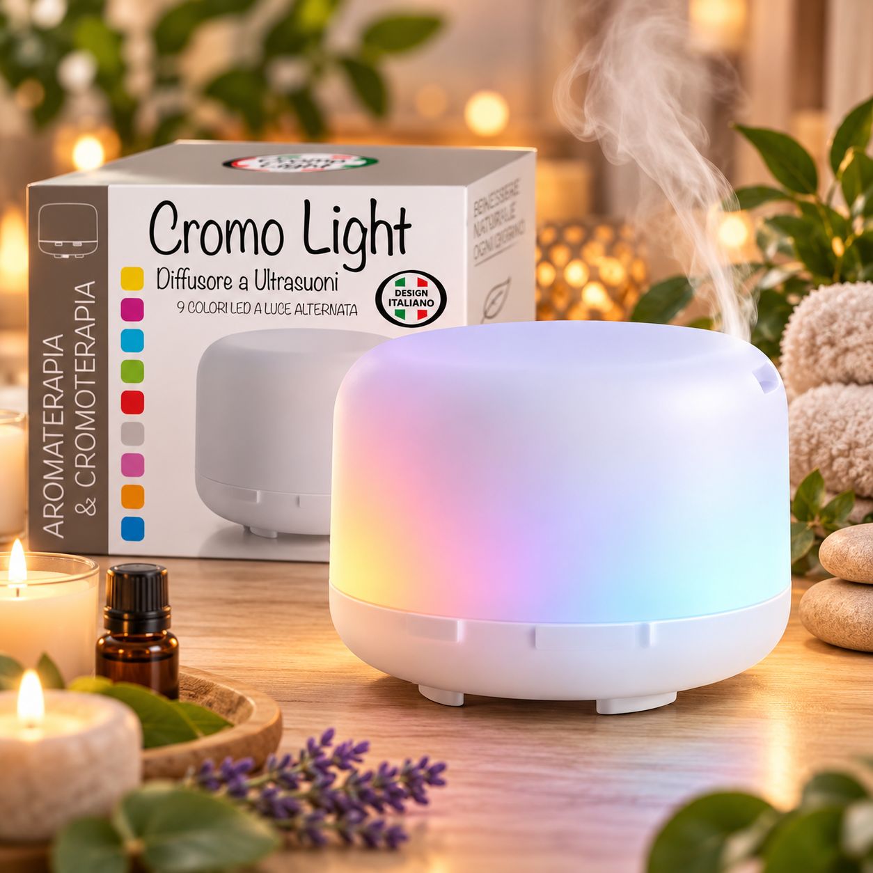 Diffusore a ultrasuoni bianco con 9 colori LED cangianti. Scritta "Cromo Light" sulla confezione.