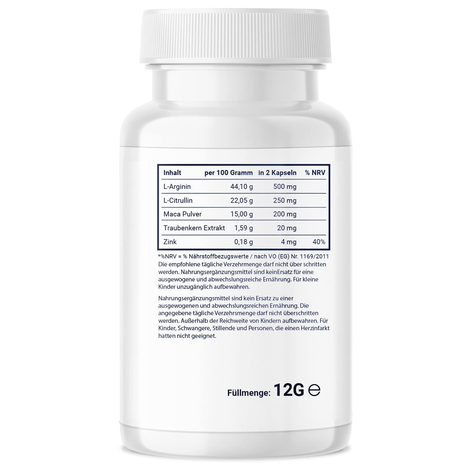 Retro del flacone con tabella nutrizionale. Contiene informazioni sugli ingredienti per 100g e 2 capsule.