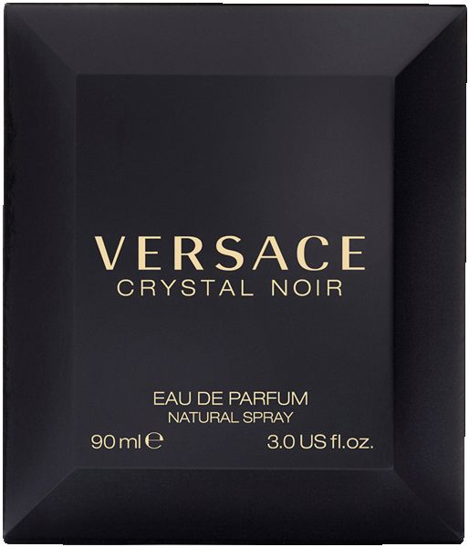 Scatola nera con scritta dorata. Scritta VERSACE CRYSTAL NOIR. Eau de Parfum, Natural Spray.