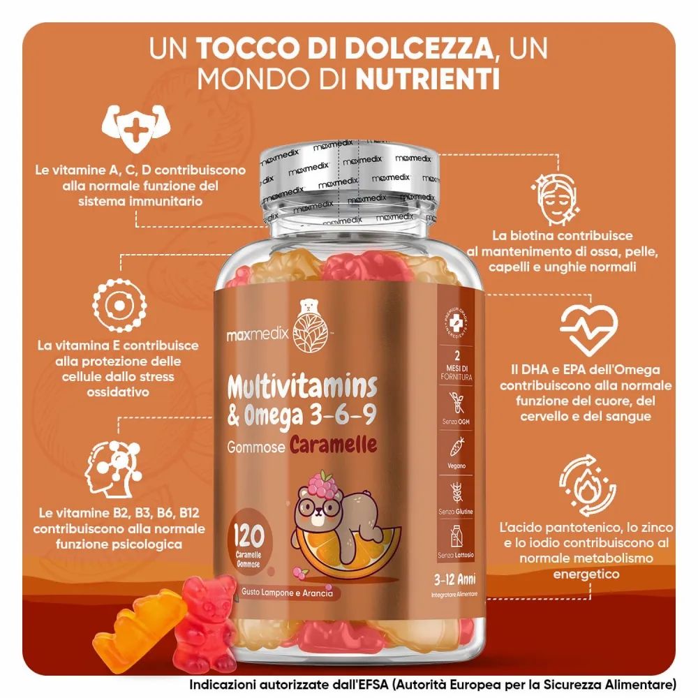 Bottiglia di caramelle gommose multivitaminiche con testo. Testo: Multivitamine & Omega 3-6-9 Caramelle gommose per bambini. 120 caramelle gommose. Lampone e arancia. 3-12 anni.