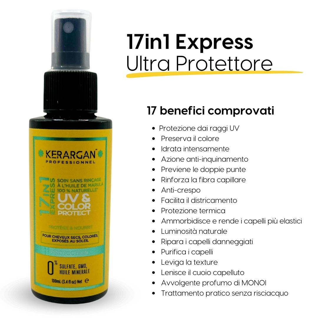 Kerargan UV & Color Protect. Flacone spray. Testo: 17in1 Express Ultra-Protezione. 17 benefici. Etichetta gialla.