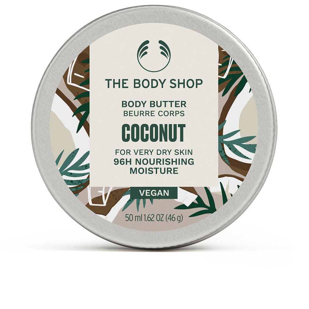 Barattolo rotondo con coperchio. Scritta: THE BODY SHOP, Body Butter, Cocco, per pelli molto secche, 96H idratazione. Vegano. Decorazione cocco.