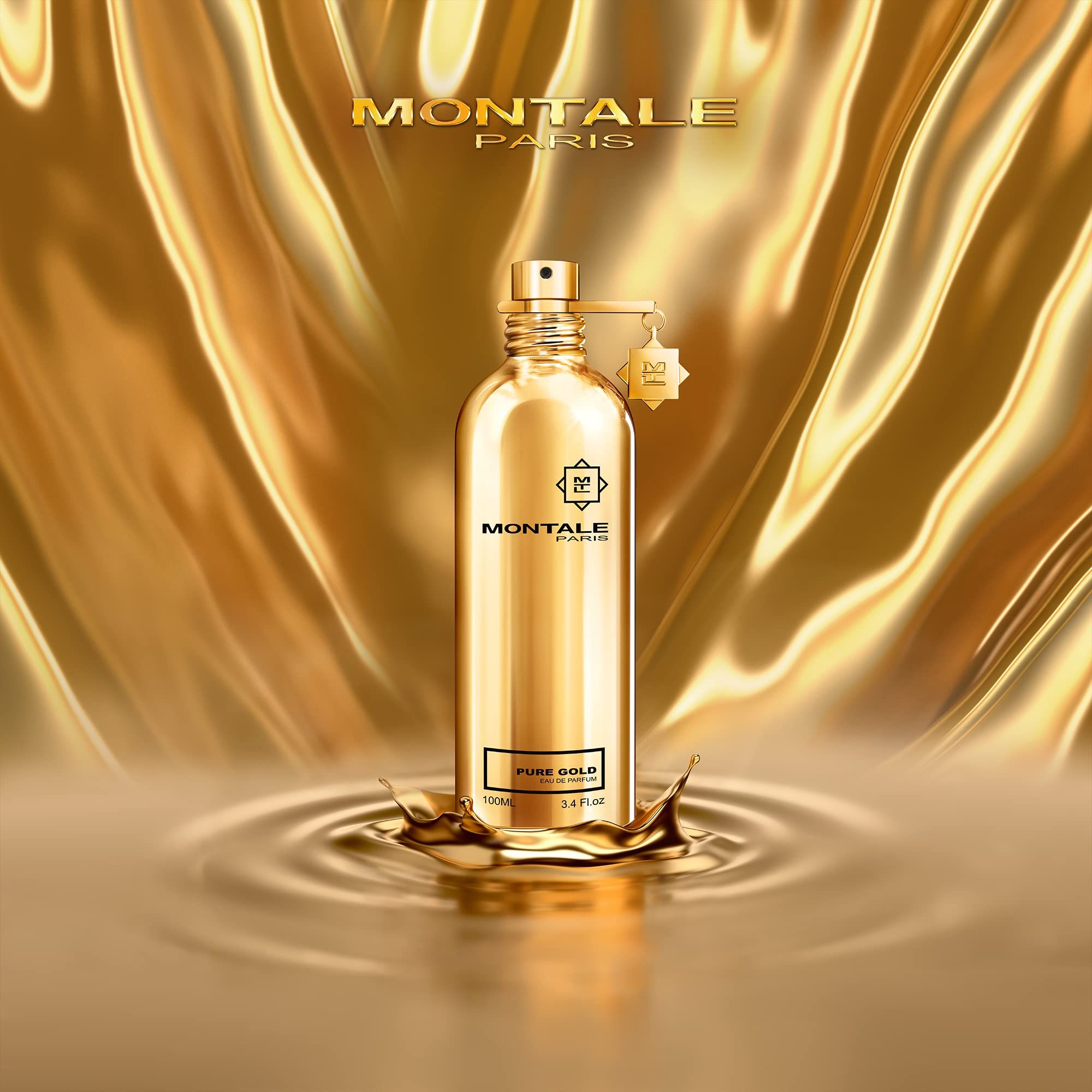Flacone dorato con scritta 'Montale Paris Pure Gold Eau de Parfum'. Flacone in acqua dorata.