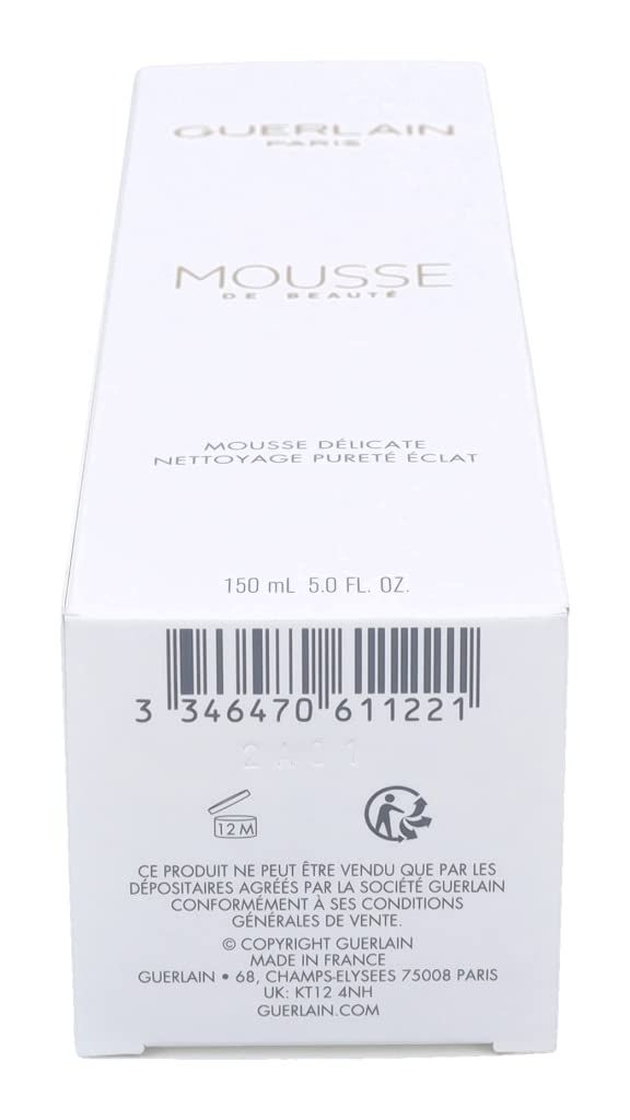 Confezione bianca. Scritta: MOUSSE DE BEAUTÉ, GUERLAIN. Testo: MOUSSE DÉLICATE, NETTOYAGE PURETÉ ÉCLAT. Codice a barre e informazioni.
