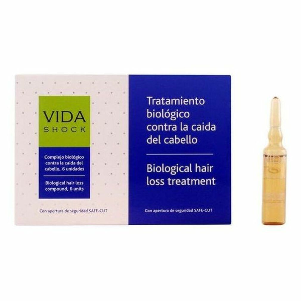Scatola e fiala. Scritta: VIDA SHOCK, Biological hair loss treatment. 6 unità. Con apertura di sicurezza.
