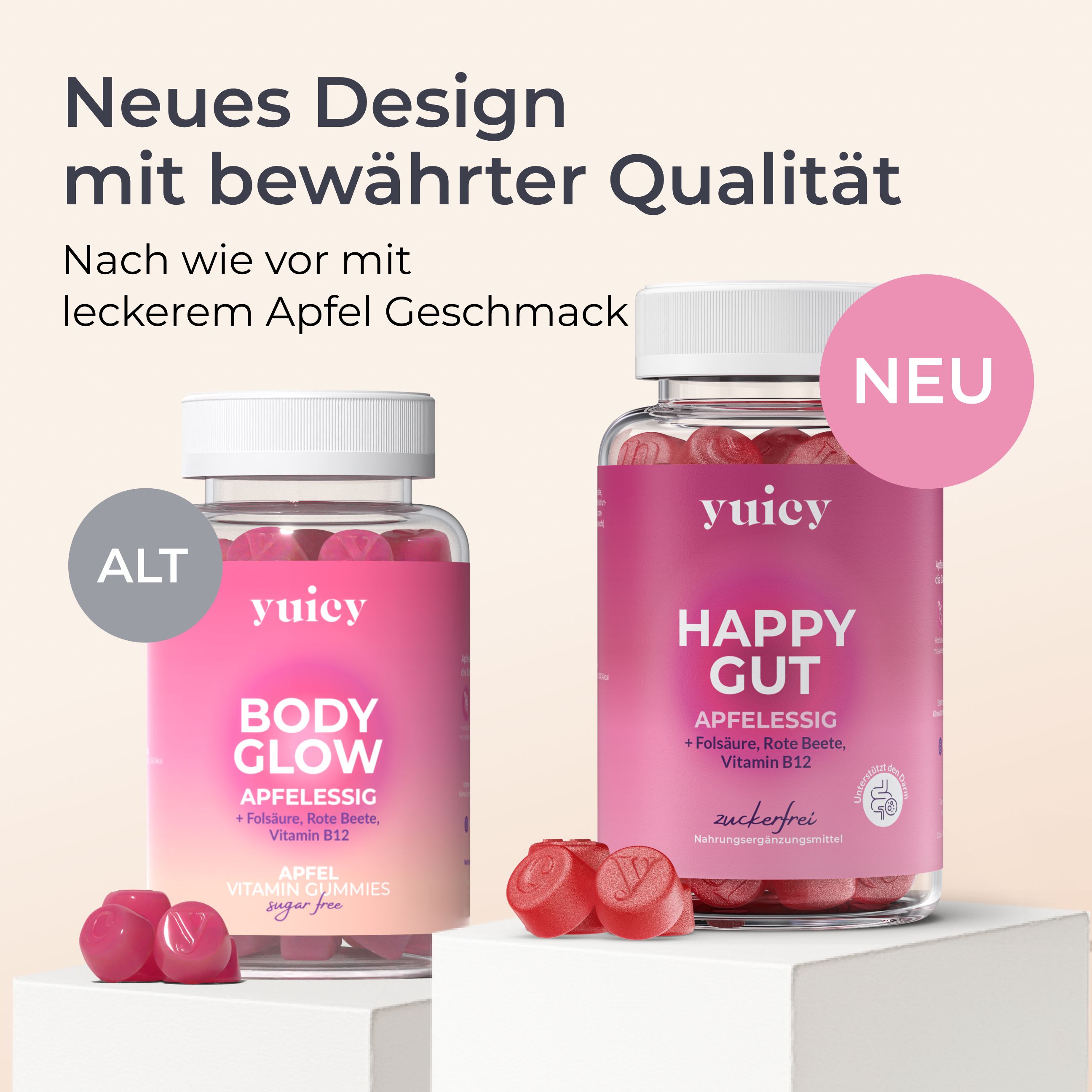 Confronto tra yuicy® Body Glow e Happy Gut Gummies. Entrambe le bottiglie mostrano il prodotto. Testo: Nuovo design con qualità comprovata, delizioso gusto di mela.