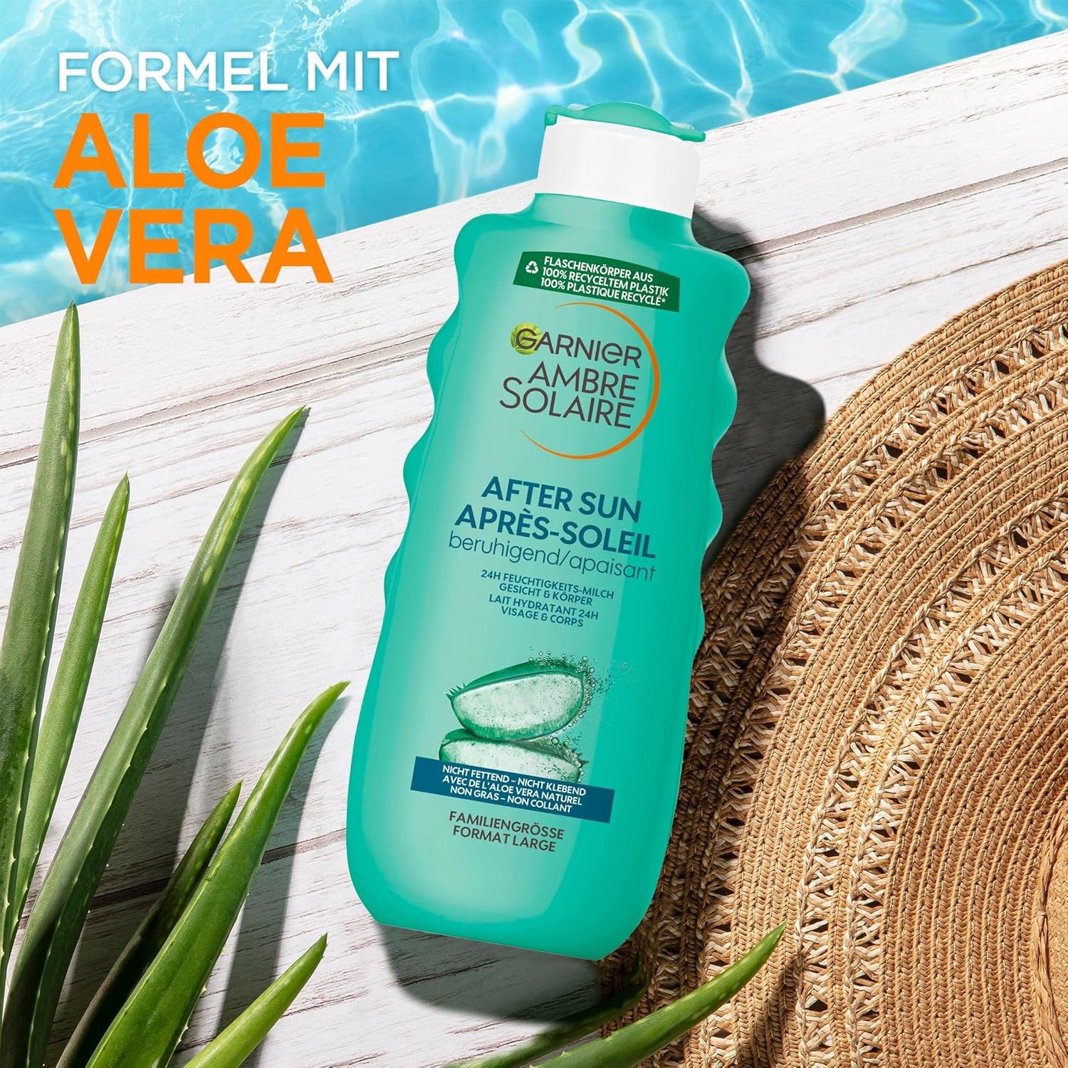 Garnier Ambre Solaire Doposole. Bottiglia verde con Aloe Vera. Testo: Lenitivo, 24h idratazione, non appiccicoso, formato famiglia.