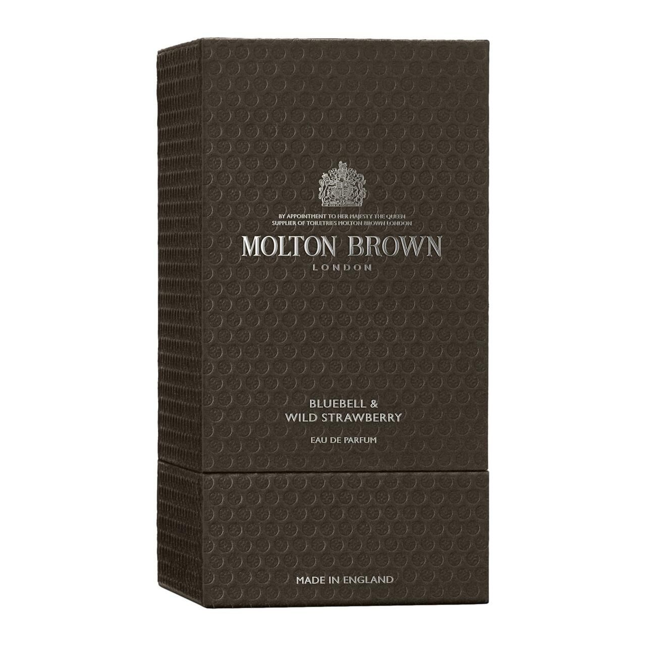 Confezione marrone goffrata. Scritta: Molton Brown London, Bluebell & Wild Strawberry, Eau de Parfum.