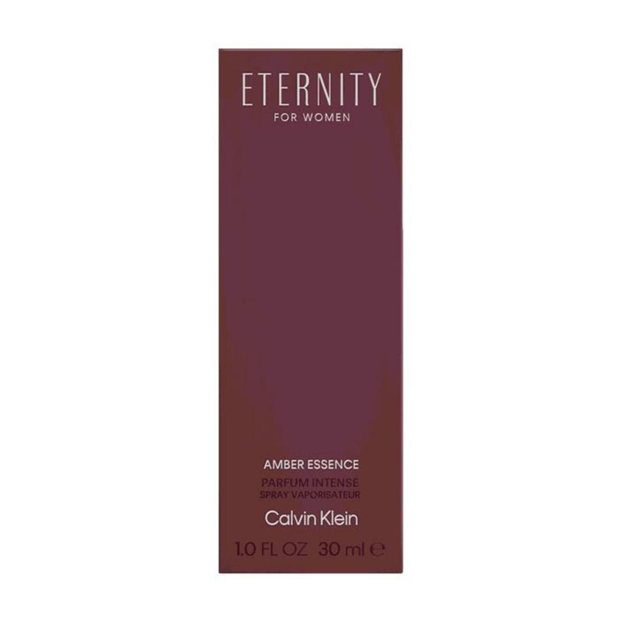 Confezione con scritta "Eternity for Women" e "Amber Essence". Marchio Calvin Klein. 30 ml.