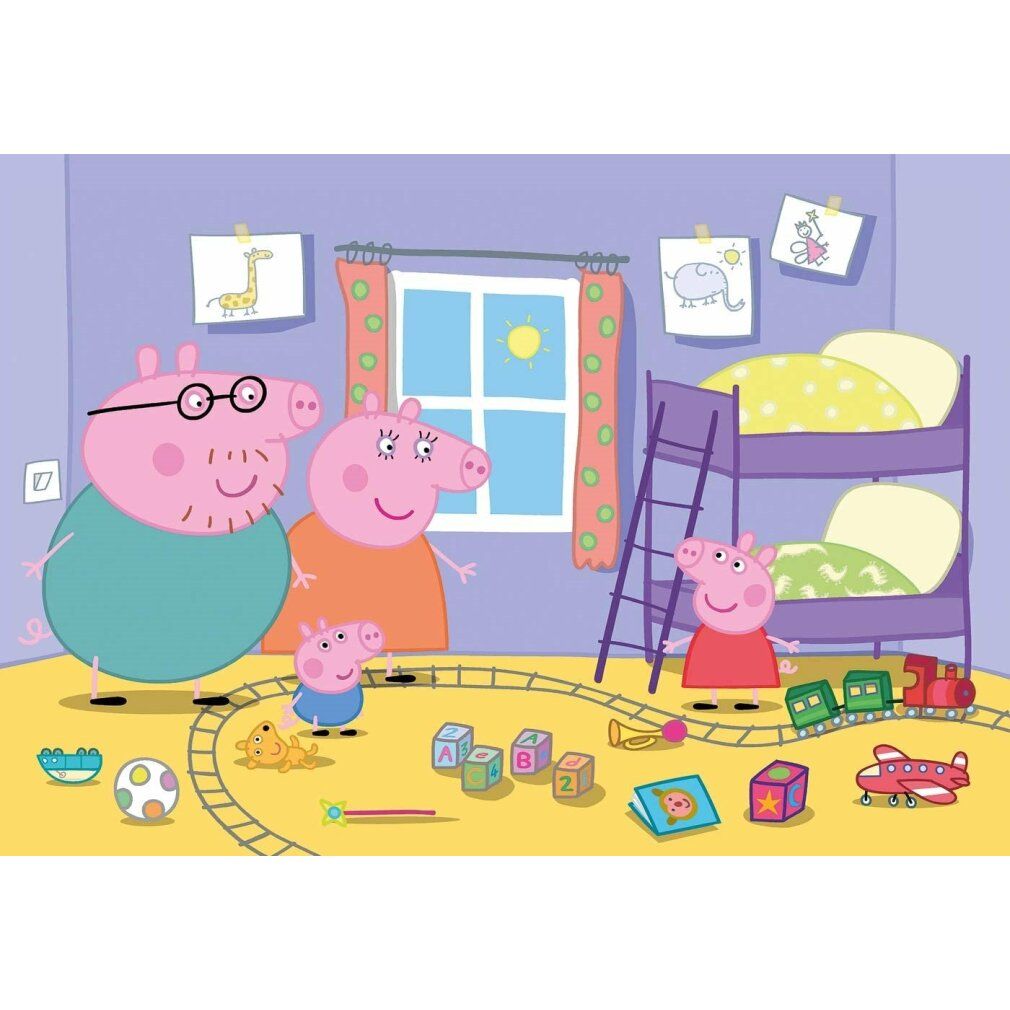 Puzzle Peppa Pig. La famiglia Peppa Pig in una stanza. Finestra, letto a castello, giocattoli e un treno.
