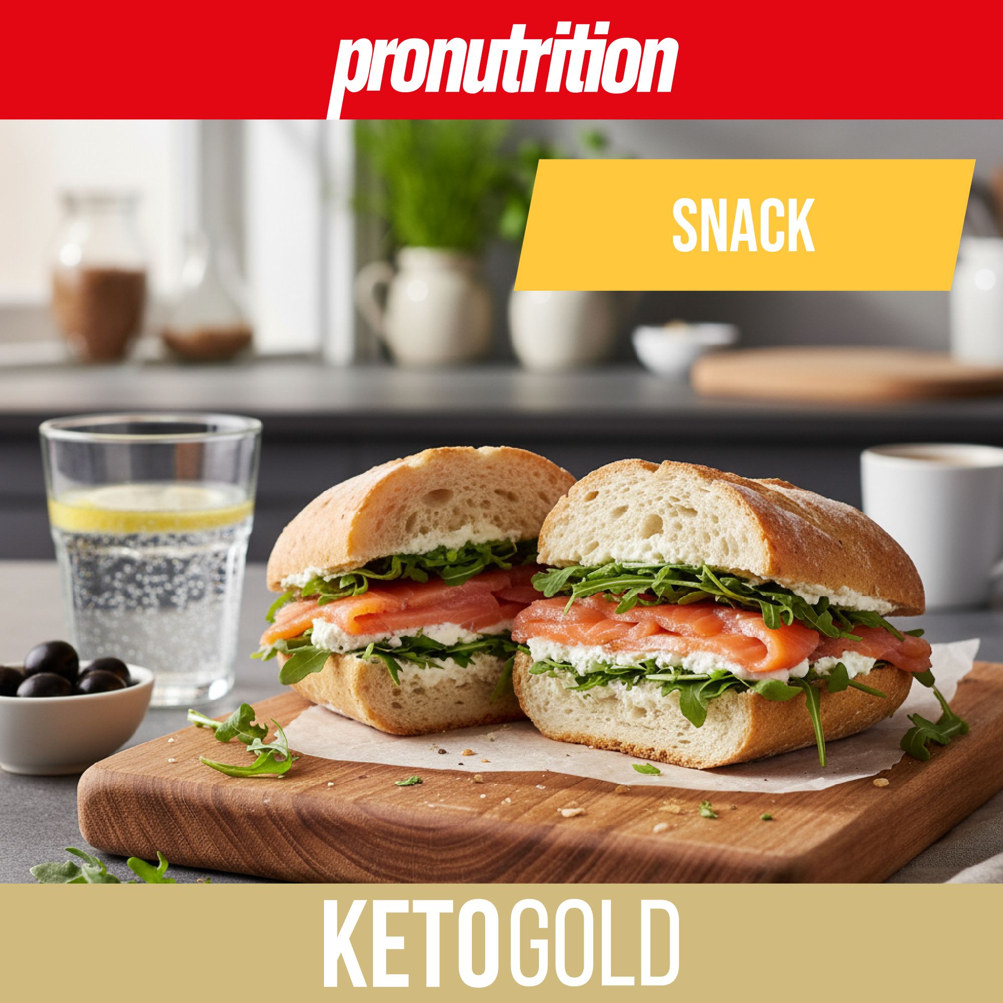 Due metà di pane farcite con salmone e rucola su tagliere. Marchio Pronutrition, etichetta Snack e Ketogold.