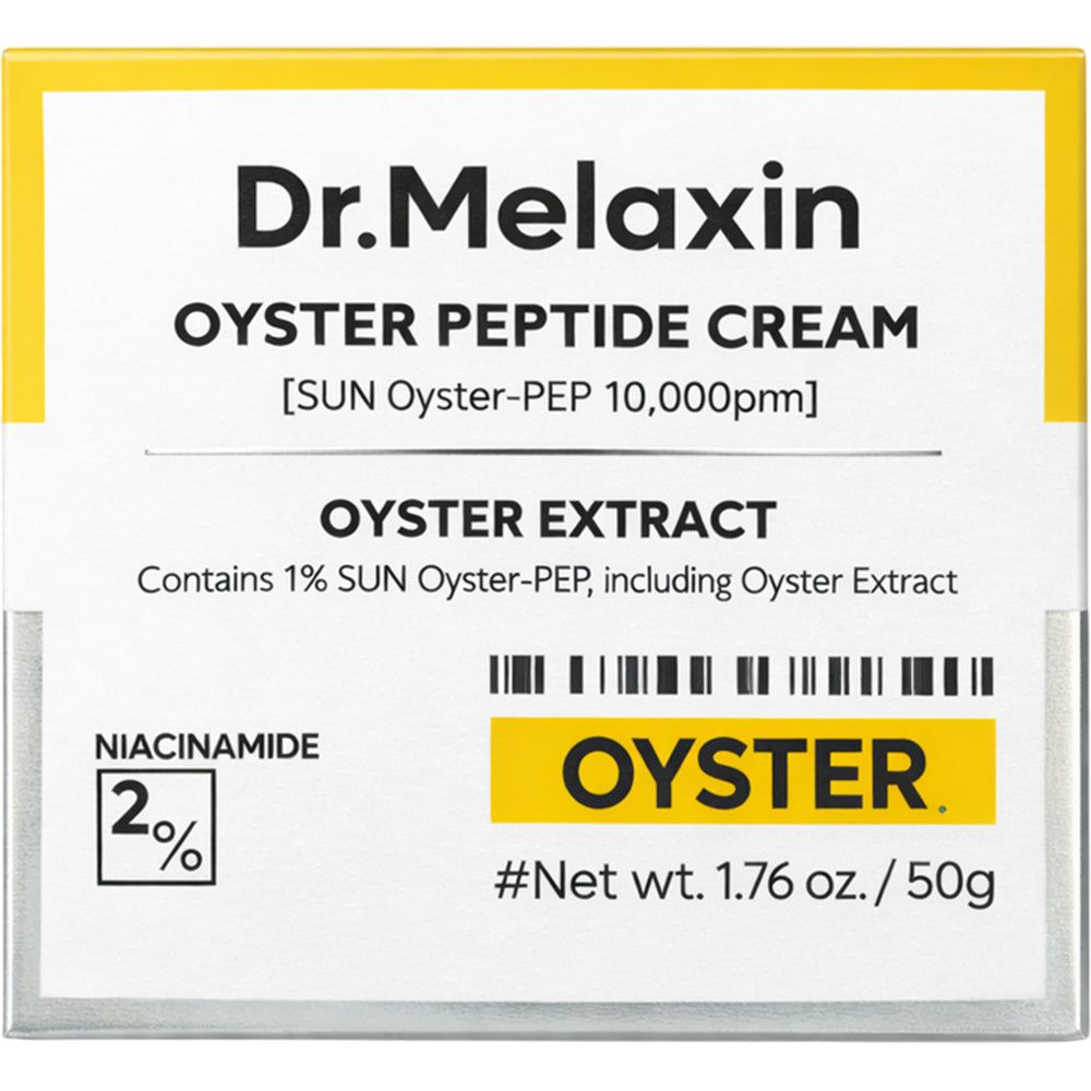 Confezione della crema peptidica di ostrica Dr. Melaxin con indicazione di niacinamide.