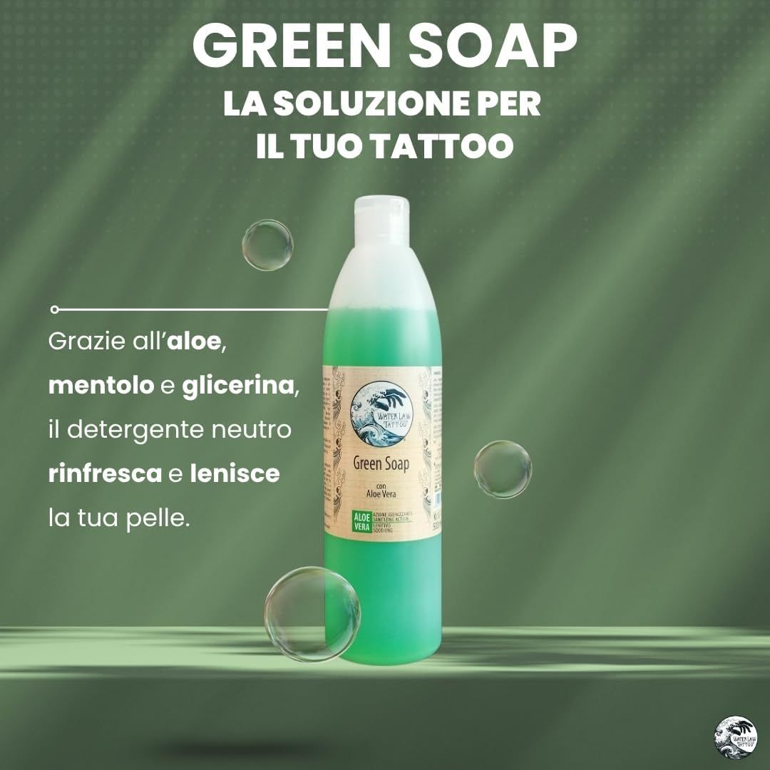 Sapone verde. Testo: Green Soap. La soluzione per il tuo tatuaggio. Con aloe, mentolo e glicerina.
