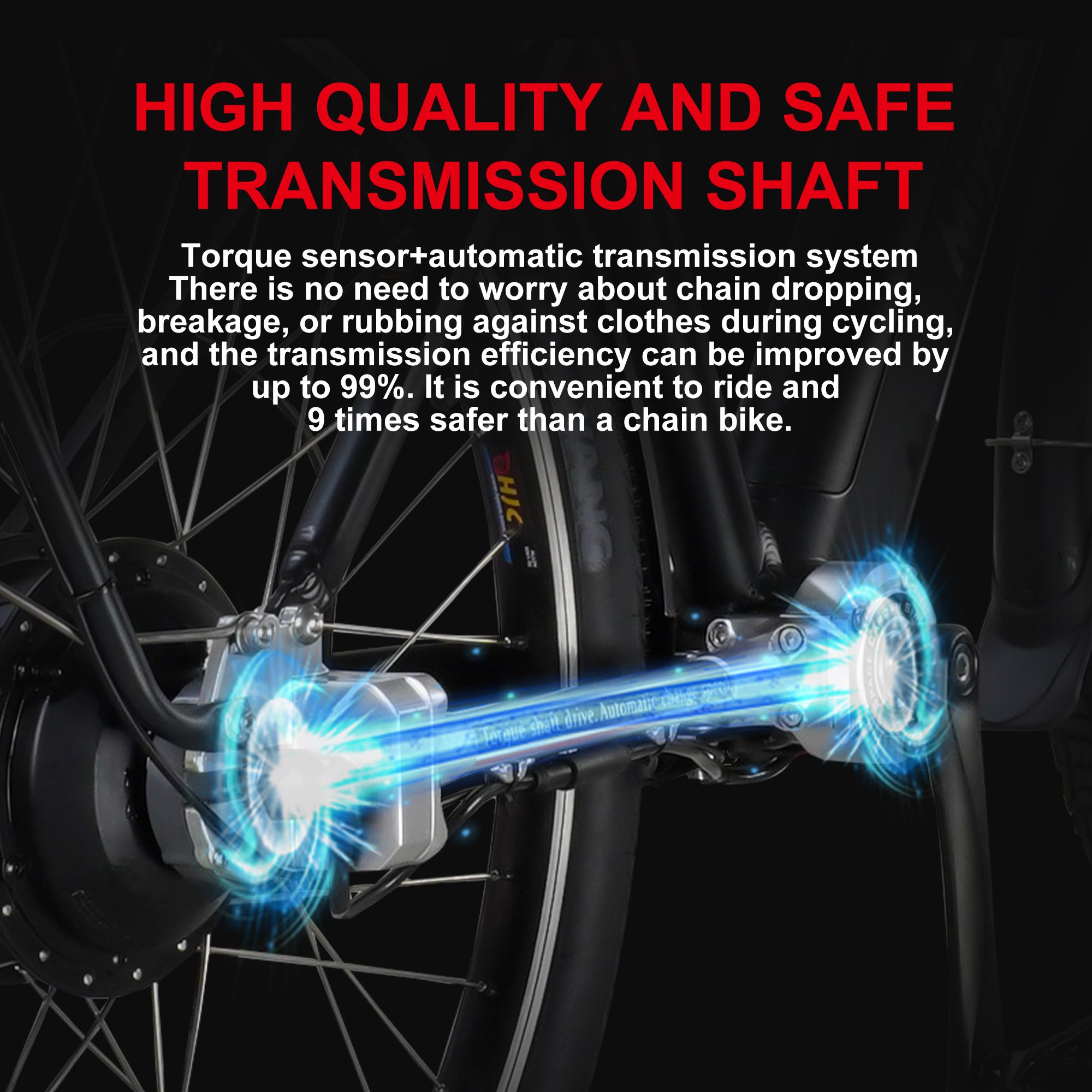 Primo piano della trasmissione di una e-bike. Testo: sensore di coppia + sistema di trasmissione automatica, fino al 99% di efficienza.