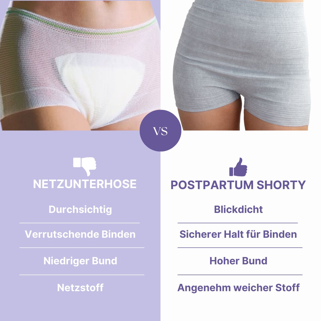 Confronto: mutandine a rete vs. shorty post-partum. Testo: Opaco, tenuta sicura per gli assorbenti, vita alta, tessuto piacevolmente morbido.