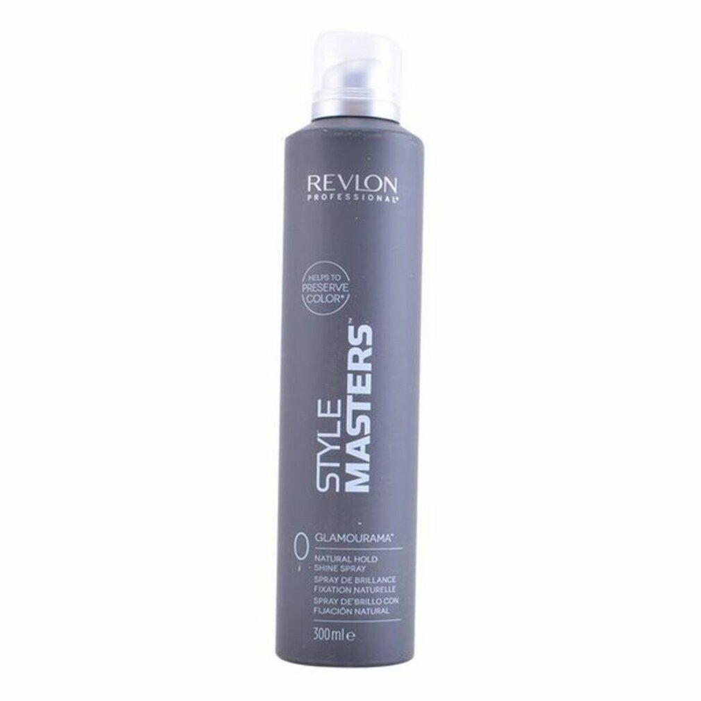Revlon Style Masters Glamourama Shine Spray. Flacone grigio con erogatore bianco. Testo: Revlon, Style Masters, Glamourama, Natural Hold.