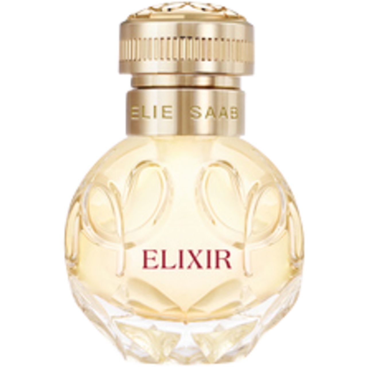Elie Saab Elixir EdP Nat. Spray. Flacone rotondo dorato con tappo dorato. Scritta "ELIXIR".
