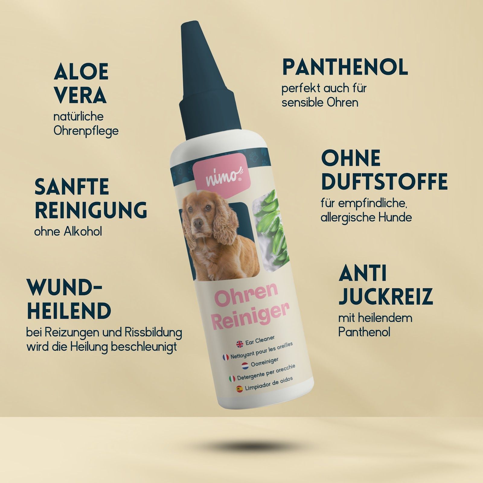Flacone con etichetta, testo: Aloe Vera, Sanfte Reinigung, Wundheilend, Ohne Duftstoffe, Anti Juckreiz, Panthenol.