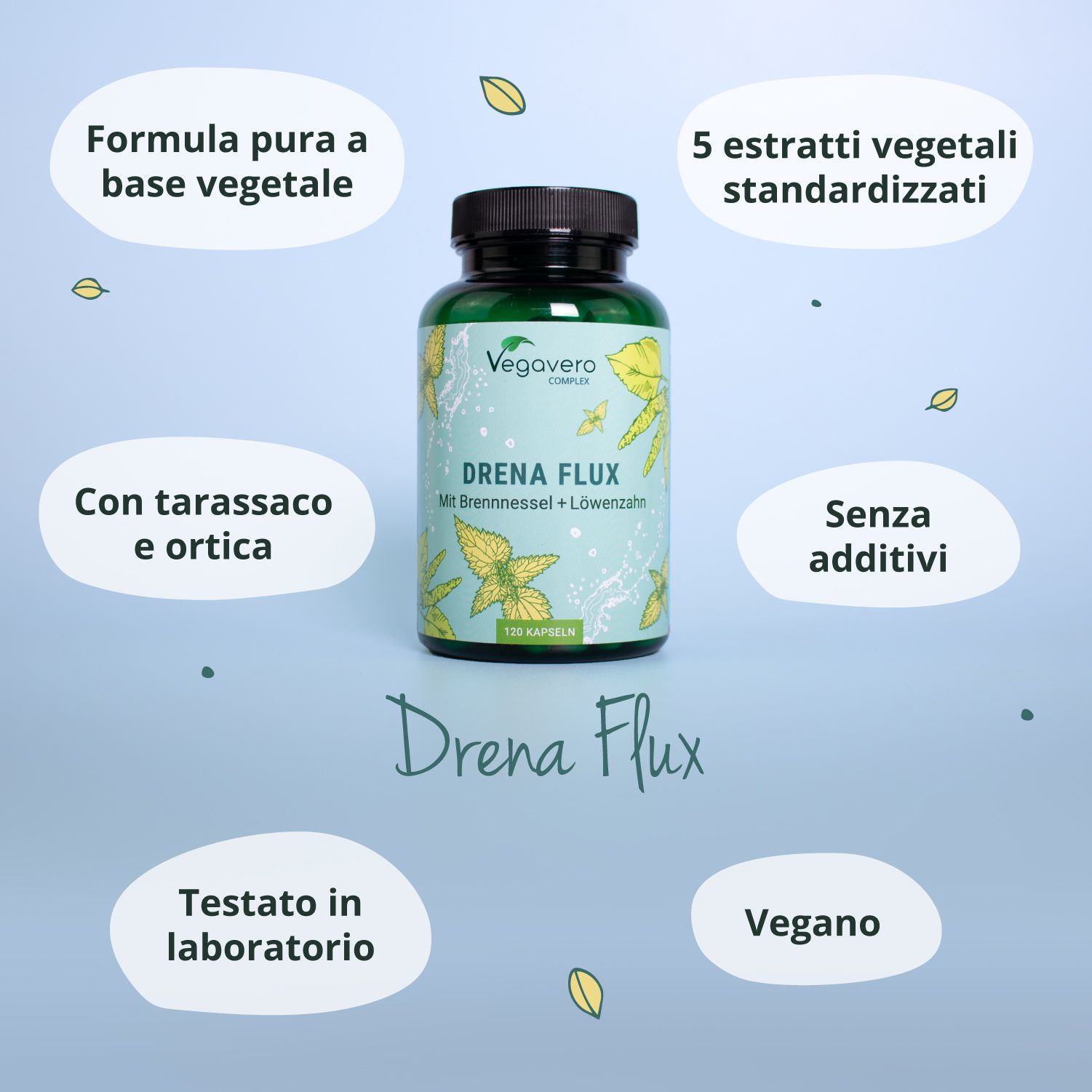 Bottiglia verde con tappo nero. Scritta: Drena Flux. Testo: Formula a base vegetale, 5 estratti standardizzati.