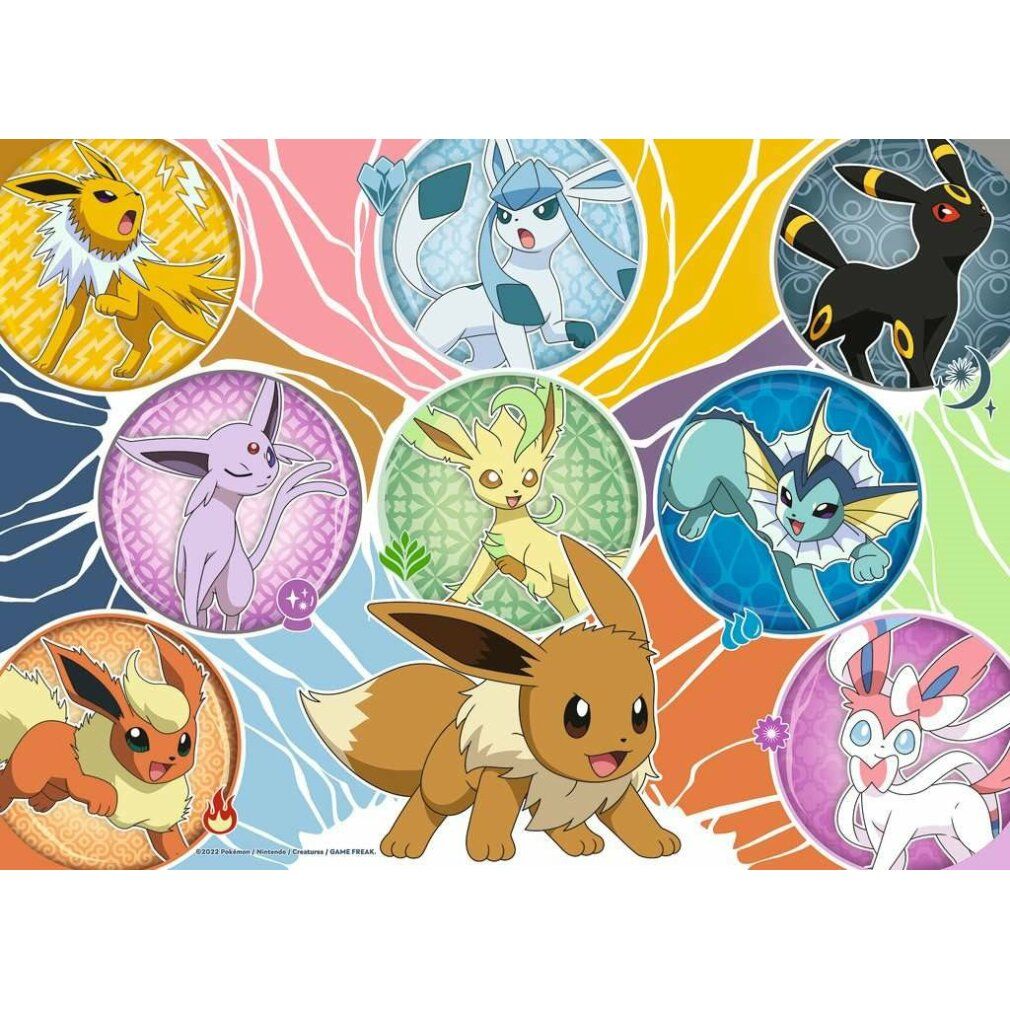 Puzzle con personaggi Pokémon in cerchi. Eevee al centro, circondato da altri Pokémon. Sfondi colorati.