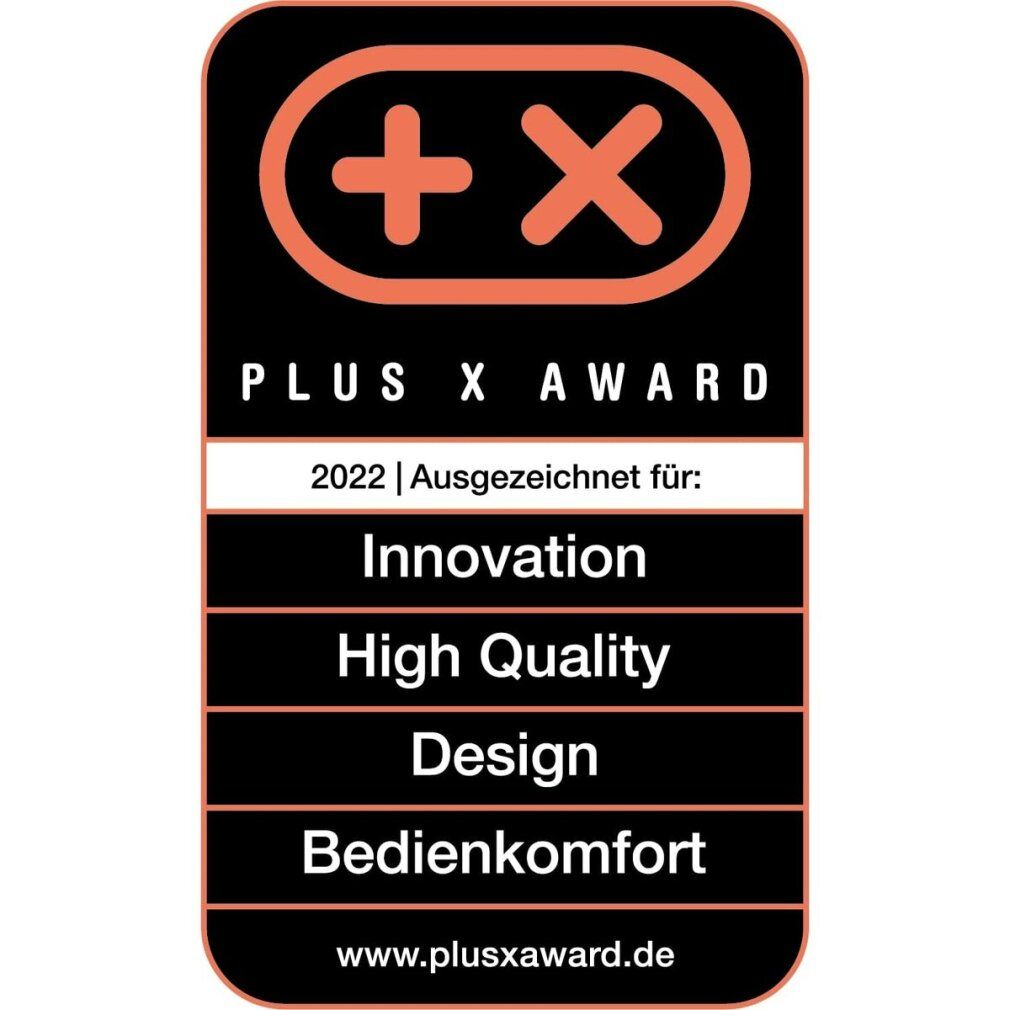 Plus X Award 2022. Premiato per innovazione, alta qualità, design e facilità d'uso. Sfondo nero.